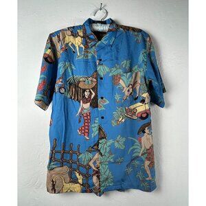 Generra Giovane Vintage Men's Button Down Native Hawaiian Shirt Blue Size Large